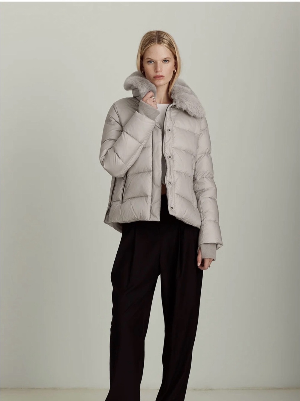 Dawn Levy Vera “Ice Beige”Shiny Puffer Jacket with Plush Real Fur Collar